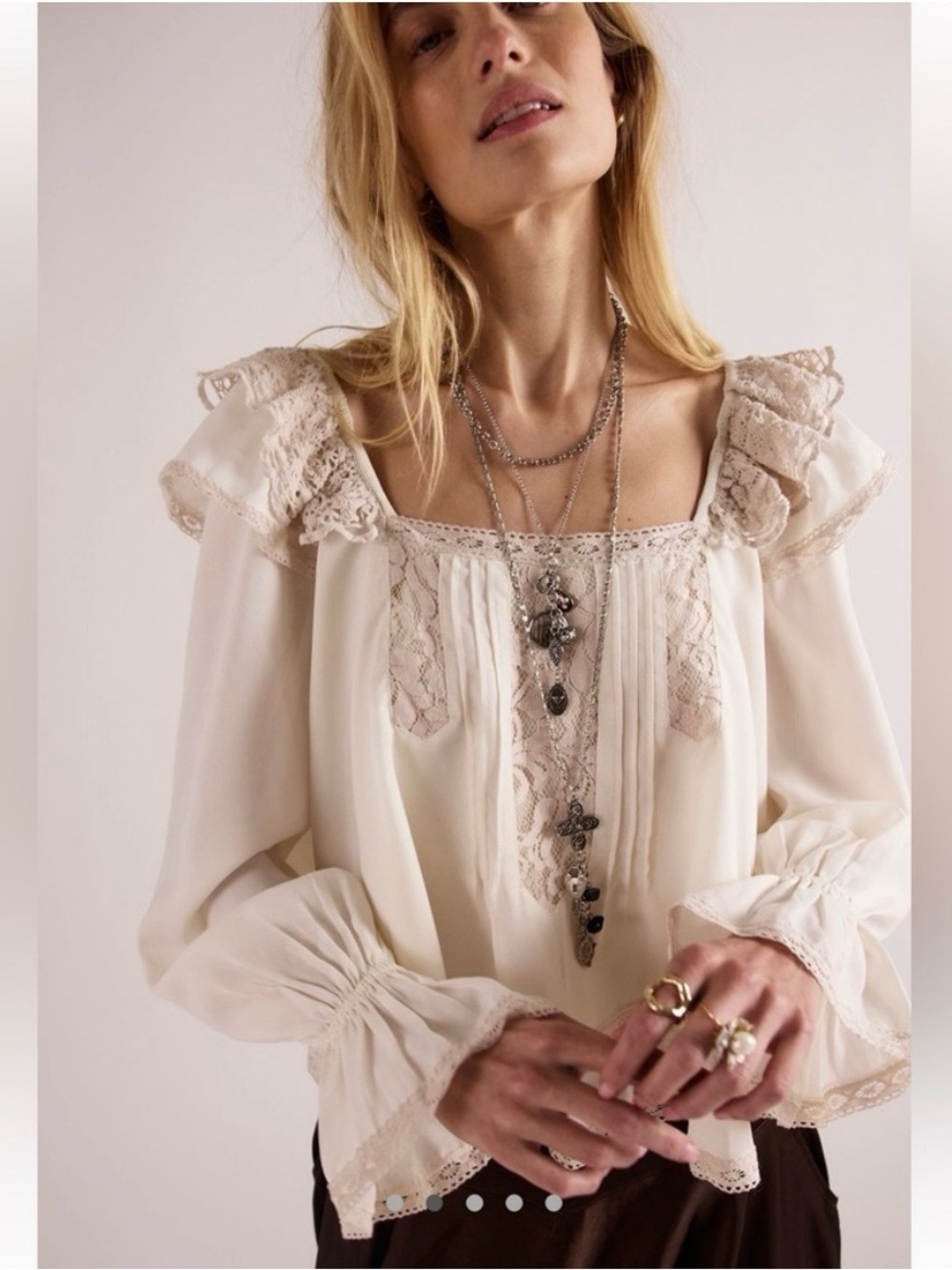 Free People Francie Silky Blouse Top Elegant Ivory Lace Ruffle Details Size L
